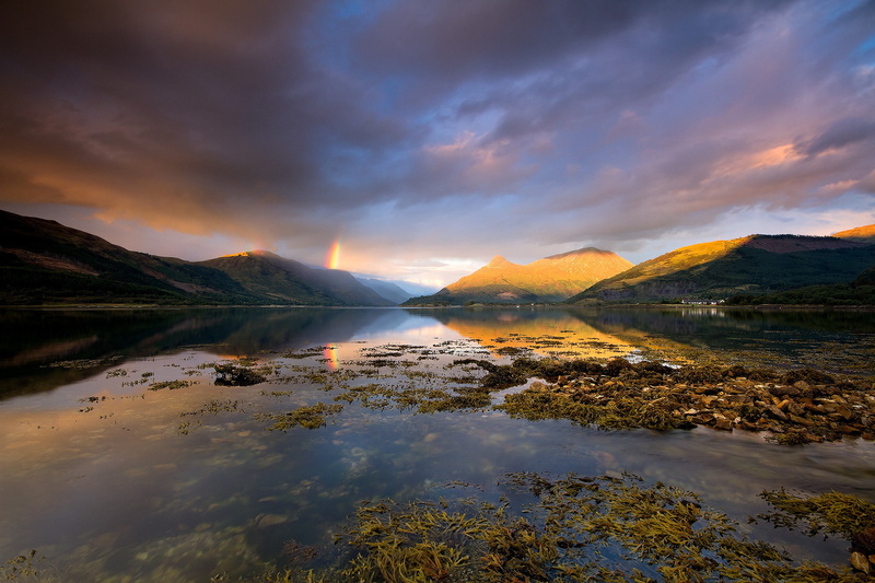 Scotland, clouds, mountains, rainbow, 1080P, Loch Leven