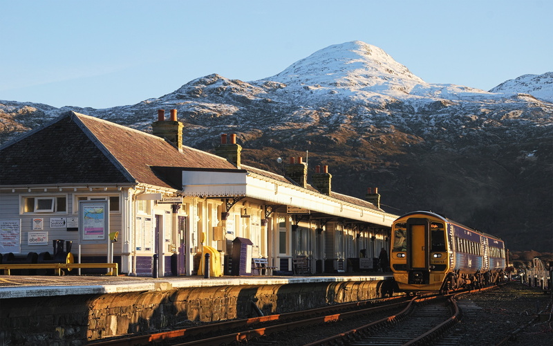 built structure, transportation, outdoors, clear sky, 2K, nature, architecture, rail transportation, cold temperature, track, building exterior, Scotland