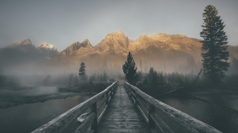 snow, mountain Range, woodland, sunlight, brown, cold - Temperature, direction, tranquil Scene, journey, nature, river, dawn, bridge, clear sky, tranquility