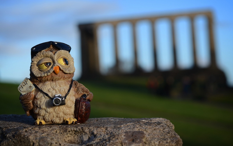 2K, Calton Hill, owl, Edinburgh, camera, toy, Scotland, silhouette, stone