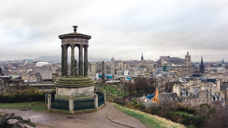 high angle view, travel, residential district, city, cloud - sky, building, scotland, sky, day, outdoors, architectural column, travel destinations, 5K