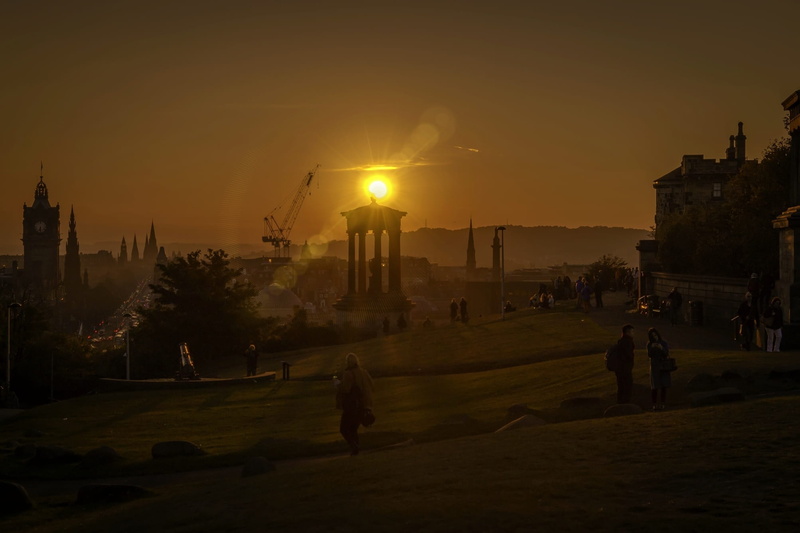 sky, incidental people, architecture, orange color, Scotland, real people, 1080P, sunlight, Calton Hill, lifestyles, city, calton hill, plant, leisure activity