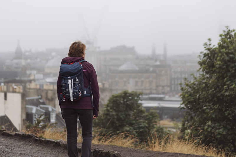 4K, calton hill, traveller, leisure activity, one person, rear view, architecture, moody, focus on foreground, mist, united kingdom, edinburgh castle