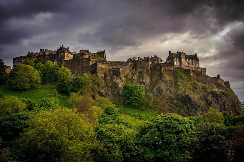 landscape, overcast, clouds, Scotland, the evening, greens, castle, UK, trees, 1080P, West End, Edinburgh, Great Britain