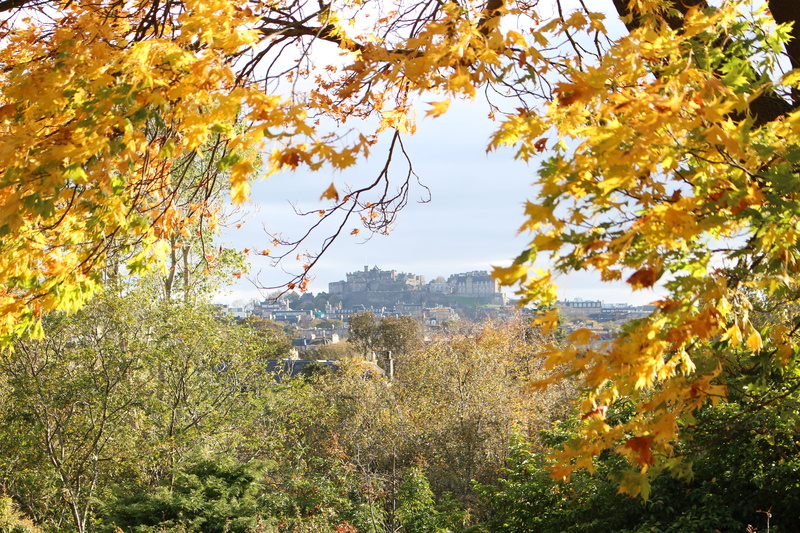 leaf, orange color, non-urban scene, scenics - nature, view on castle, autumn, edinburgh, beauty in nature, growth, nature, tree, change, fall, plant, land