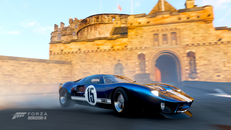 GT40, Ford, castle, racing stripes, 1080P, Edinburgh, Forza Horizon 4, depth of field, blue cars, car