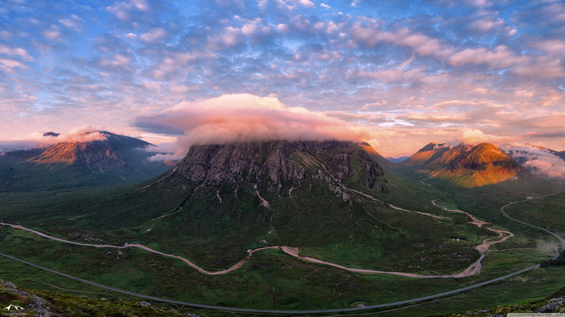 clouds, mountain pass, nature, 4K, sky, landscape, Scottish Highlands, river, forest