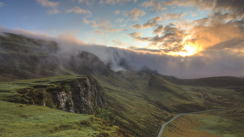 environment, outdoors, mountain, scotland, sunset, rolling landscape, road, non-urban scene, 4K, sky, grass, land, beauty in nature, cloud - sky, sunlight