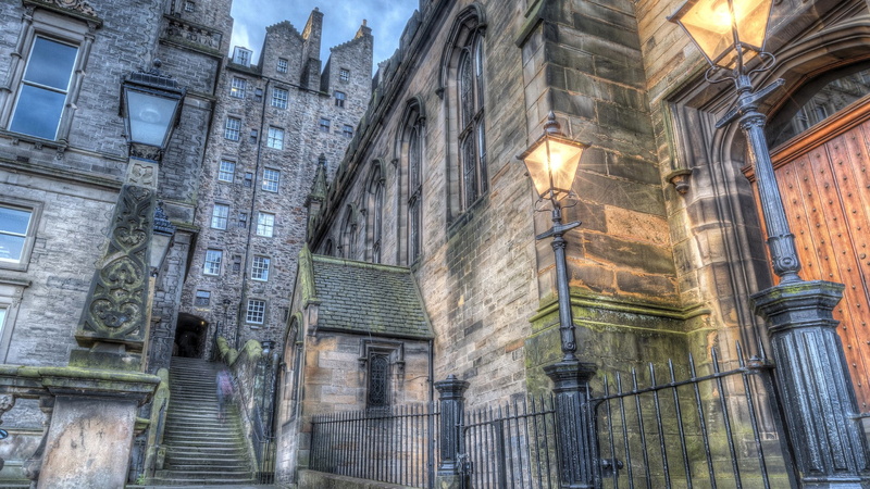 evening, HDR, Edinburgh, old building, Scotland, building, UK, ancient, historic, street, stairs, 1080P, architecture, lamp