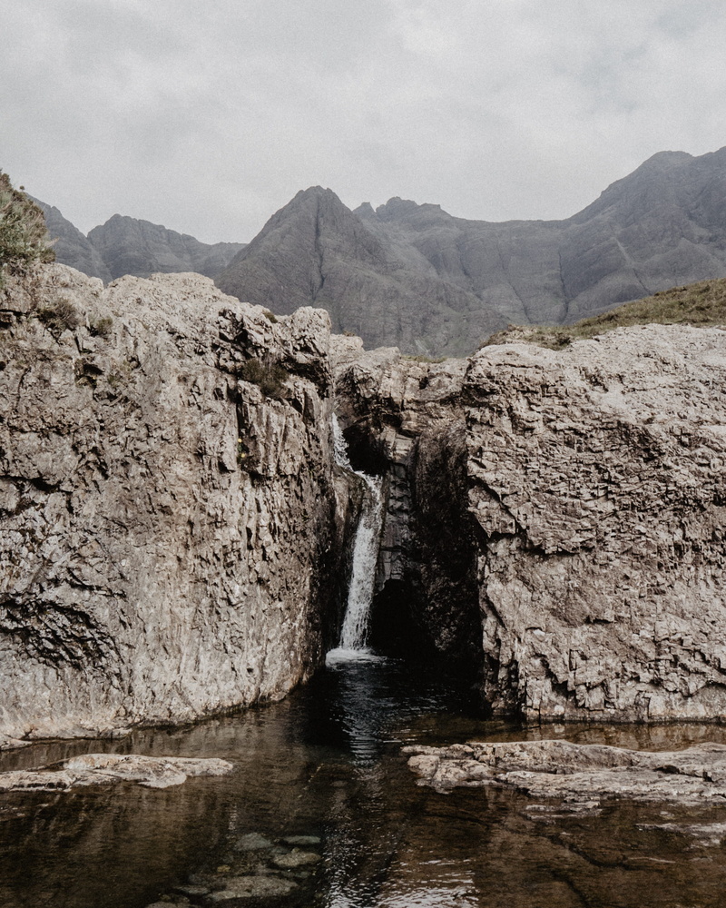 scenic, mountain, idyllic, scotland, landscape, outdoors, non-urban scene, waterfront, 2K, eroded, sight, sky, Fairy pools, rock, solid, overcast, geology