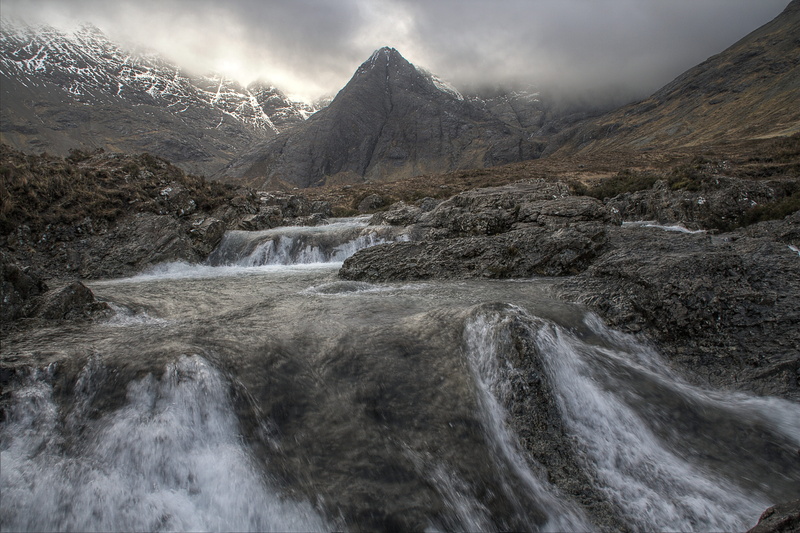 waterfall, foggy, sky, scenery, 4K, flowing, valley, stream - flowing water, scenic, scotland, flowing water, adventure, scenics - nature, mountain, water