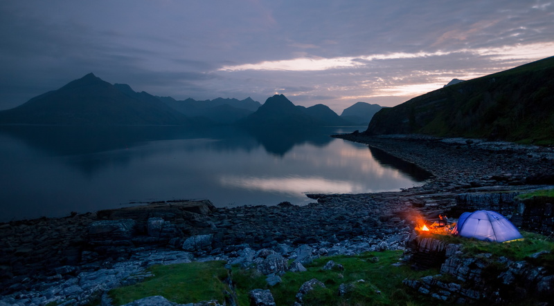 elgol scotland camping tent sea nature fire campfire rocks mountains sunset, environment, outdoors, travel, water, cloud - sky, land, sun, scenics - nature