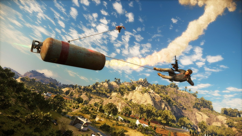 sky, 1080P, plant, transportation, mid-air, just cause 3, outdoors, cloud - sky, helicopter, firefighter, teamwork, tree, rescue, on the move, motion