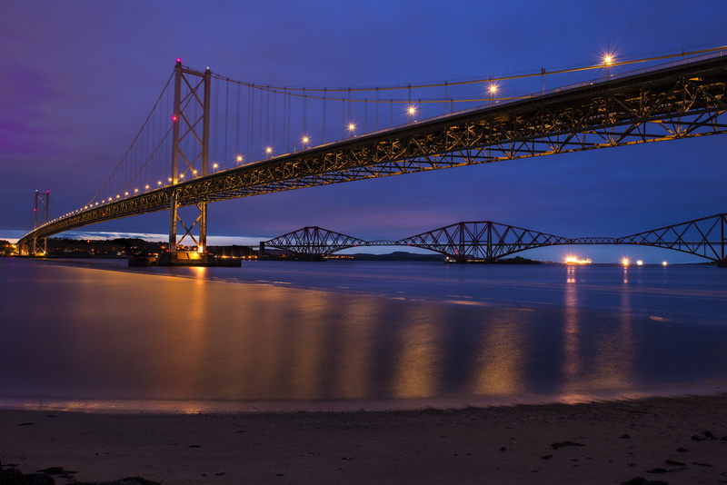 blue, lights, river, the sky, Forth Bridge, bridge, UK, lighting, night, Fort Bridge, Great Britain, purple, Scotland, 1080P