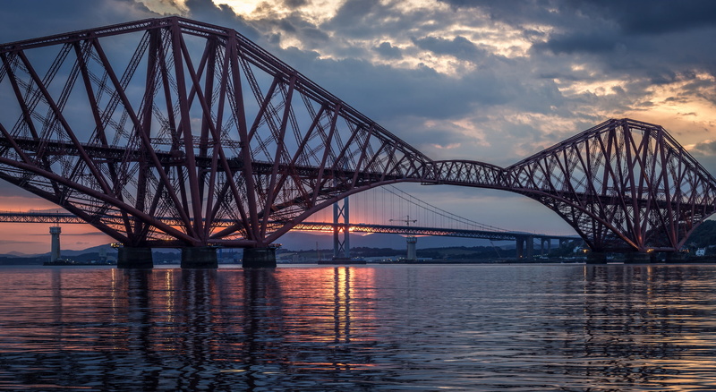 river, sunset, UK, the evening, Fort Bridge, clouds, Forth Bridge, Great Britain, Scotland, 1080P, bridge, the sky