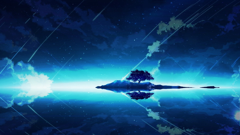 digital composite, lonely tree, space, no people, illuminated, blue, star, nature, star - space, scenics - nature, anime landscape, beauty in nature, star field