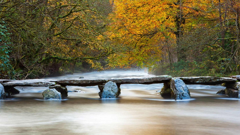 trees, bridge, long exposure, branch, 1080P, UK, nature, water, England, stream, river, landscape, fall, forest, Tarr Steps, stones
