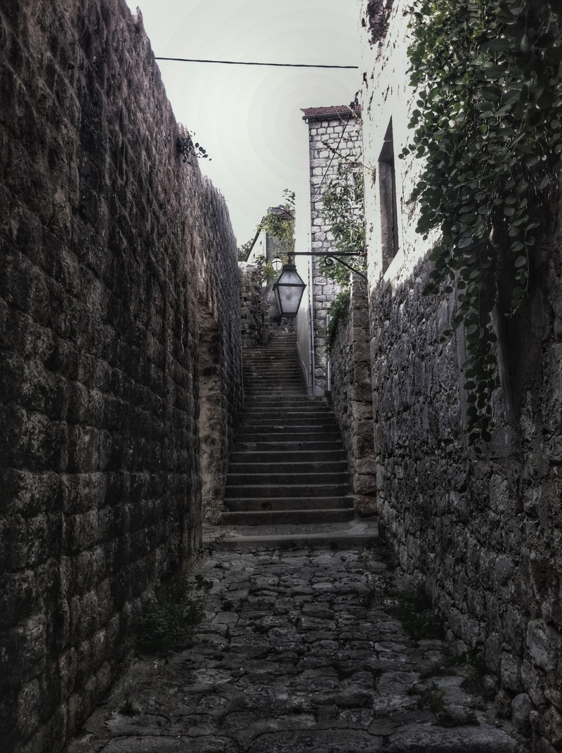 wall - building feature, background, low angle view, stone wall, Alley, structure, plant, away, building exterior, outdoors, Rustic, building, Balkan, 2K