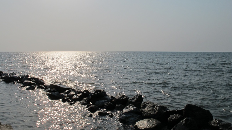 sea, horizon, sky, beach, horizon over water, scenics - nature, clear sky, 2K, bata, autumn, tranquil scene, solid, rock - object, idyllic, tranquility