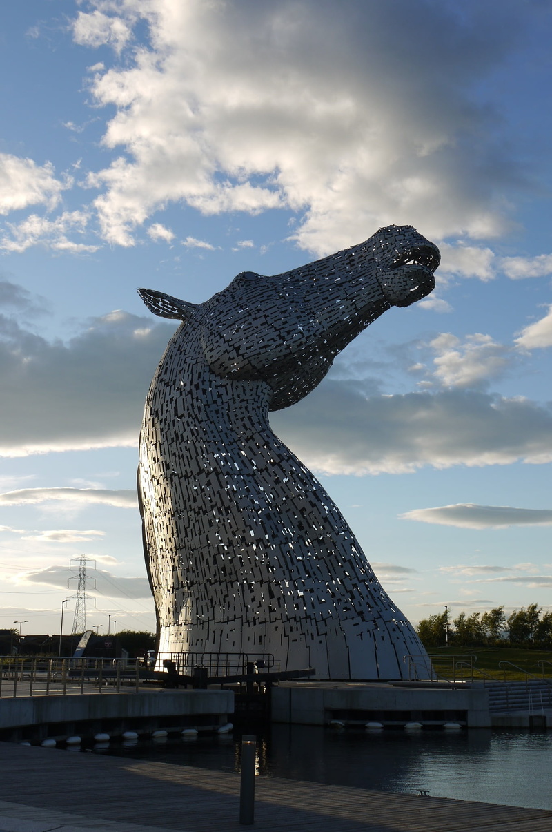 art and craft, beauty in nature, work of art, sunset, lighting, horses, nature, lake, outdoors, sky, travel destinations, waterfront, day, 1080P, kelpies scotland