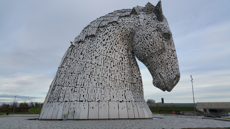built structure, day, monument, sky, low angle view, water, Falkirk, transportation, building exterior, nature, outdoors, travel destinations, Kelpies