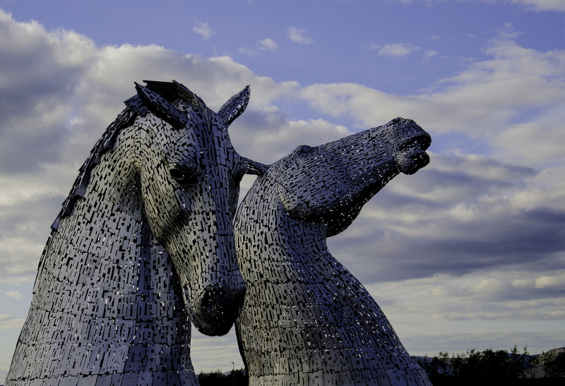 craft, sculpture, travel, art and craft, human representation, day, livestock, scotland, head, the kelpies, horse, mammal, low angle view, monument, park