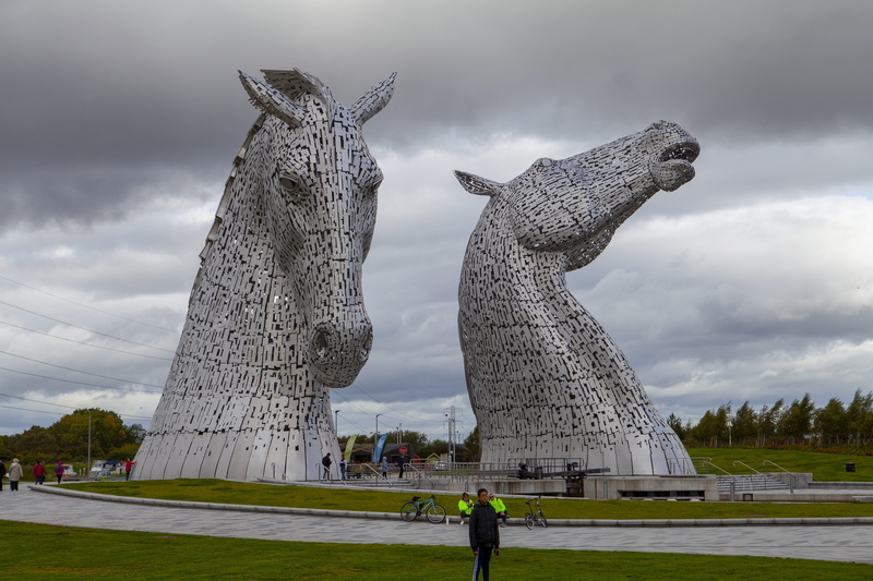 kelpies, sky, park, 5K, history, statue, art and craft, group of people, uk, representation, falkirk, tourist, incidental people, nature, travel, tourism