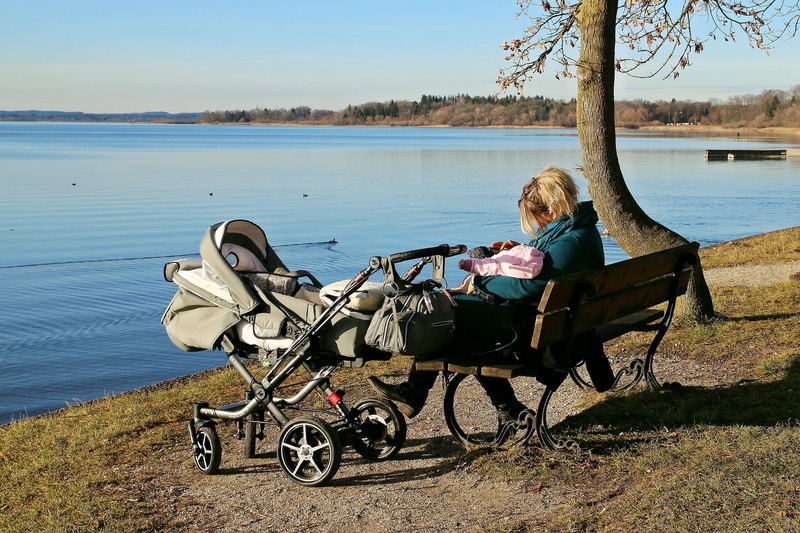 women, human, transportation, personal, located, lake, care, water, sky, adult, lifestyles, body, sunlight, mother, near, bench, one person, family, nature