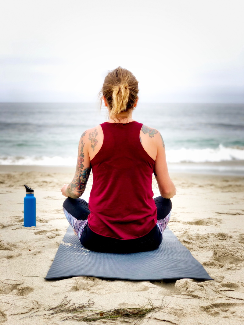 breathing Exercise, athlete, body Care, practicing, tank, females, nature, top, water, woman, serenity, sunlight, stretching, beach, front, water bottle