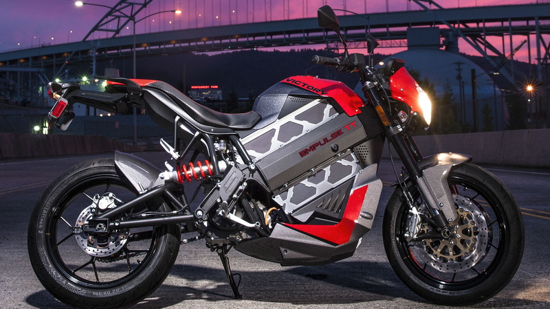 electric motorcycle, red, electrobike, bridge, race, sportsbike, 4K, gray, daytime, Victory Empulse TT - 10, near, parked