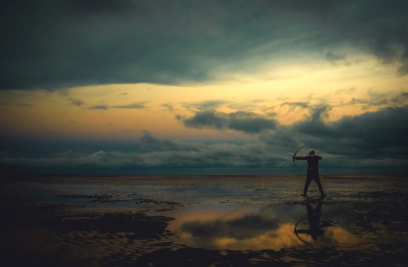assassin, outdoors, sky, scenics - nature, cloud, full length, tranquility, land, landscape, man, archery, sunset, cloudscape, night, tranquil scene, holding