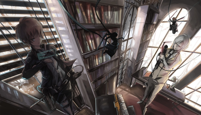 indoors, Qianqian, Shingeki no kyojin, childhood, built structure, staircase, low angle view, women, 1080P, day, men, child, people, Makishima shougo