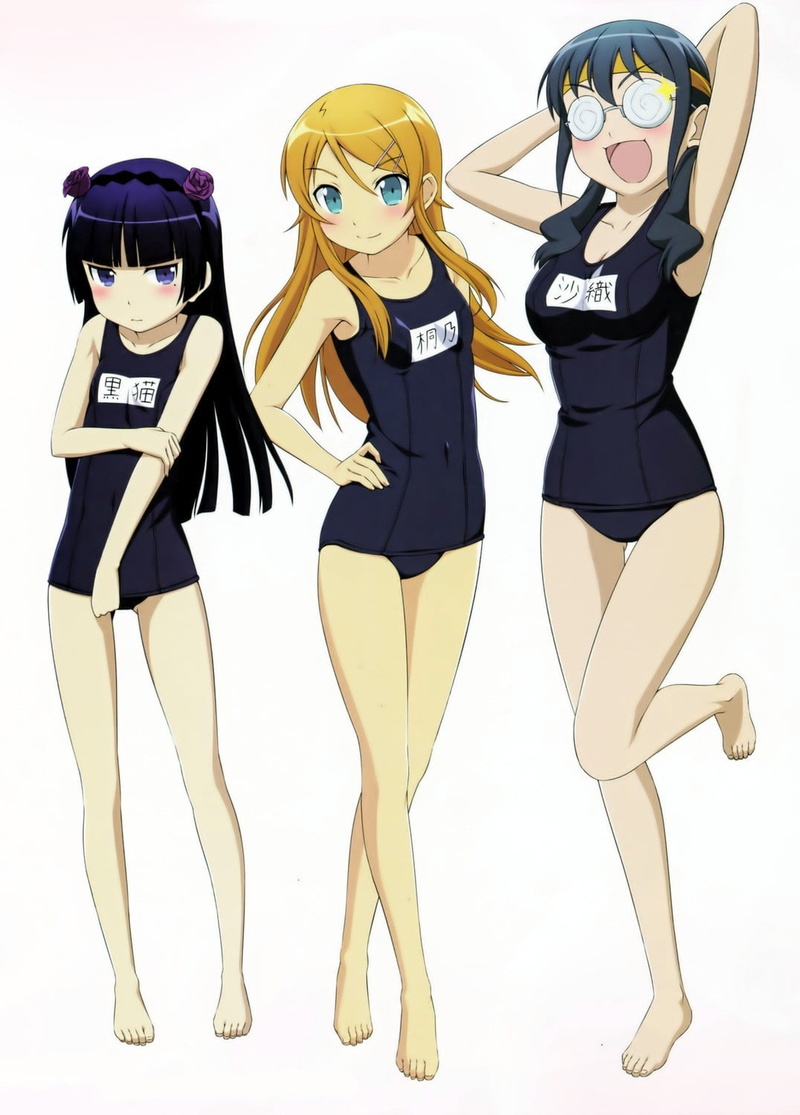 bone, three, school swimsuits, clothing, fashion, full length, anime girls, mask, girls, character, indoors, white background, no people, Ore no Imouto ga Konnani Kawaii Wake ga Nai