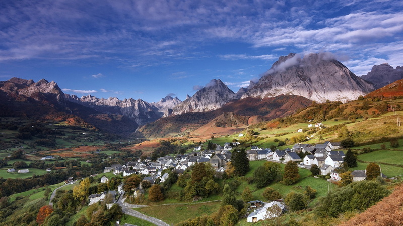 valley, house, nature, shrubs, road, trees, landscape, 1080P, grass, village, mountains