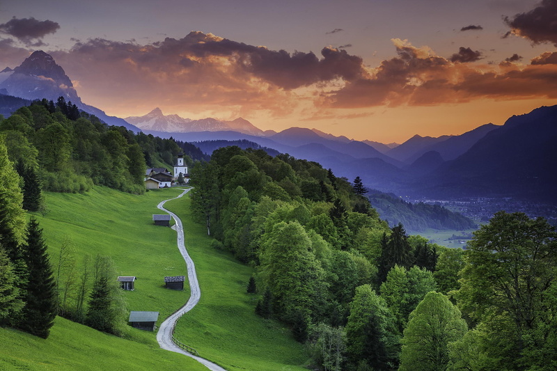 1080P, road, house, mountains, hills, clouds, church, valley, landscape, forest, building, nature, trees