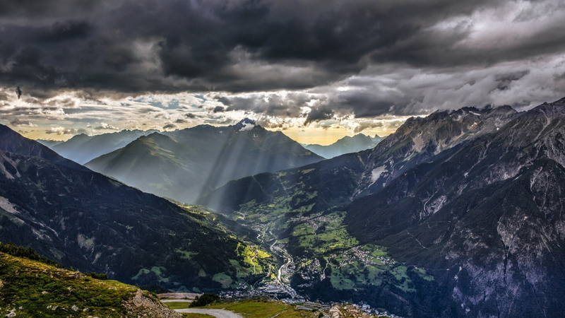 scenics - nature, travel, house, power in nature, landscape, storm, travel destinations, mountain range, dramatic sky, valley, Austria, snow, sun rays