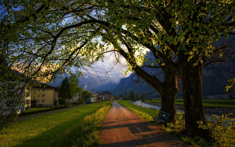 Houses, Mountains, Switzerland, Trees, Road, Town, 2K, Bench, Spring
