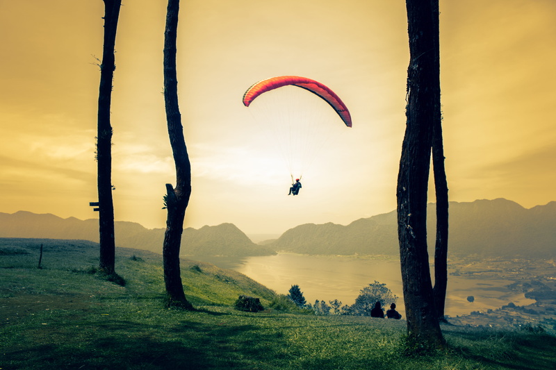 real people, freedom, parachute, nature, paragliding, scenics - nature, Landscape, sky, near, landmark, puncak lawang, mid-air, tourism, lifestyles, sport