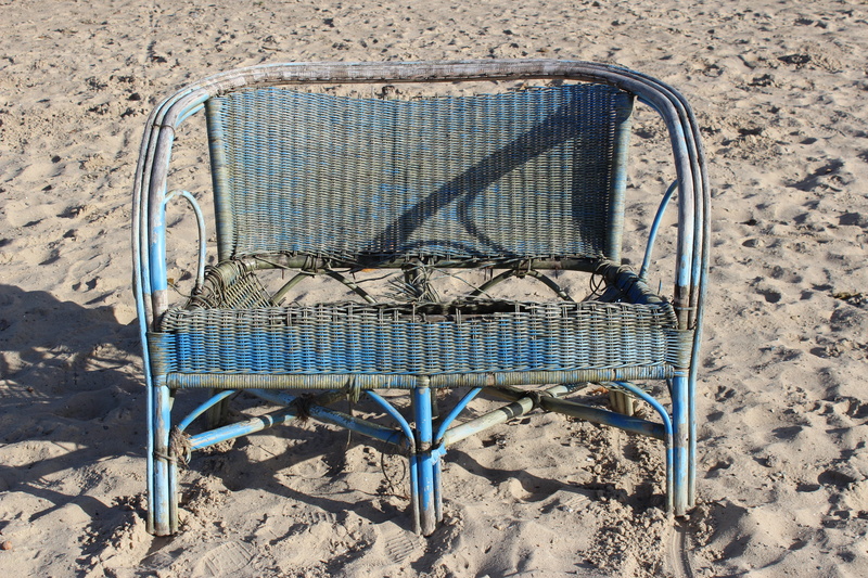 obsolete, shadow, sunlight, day, bench, no people, metal, bank, outdoors, empty, beach, old, abandoned, high angle view, seat, single object, land, chair