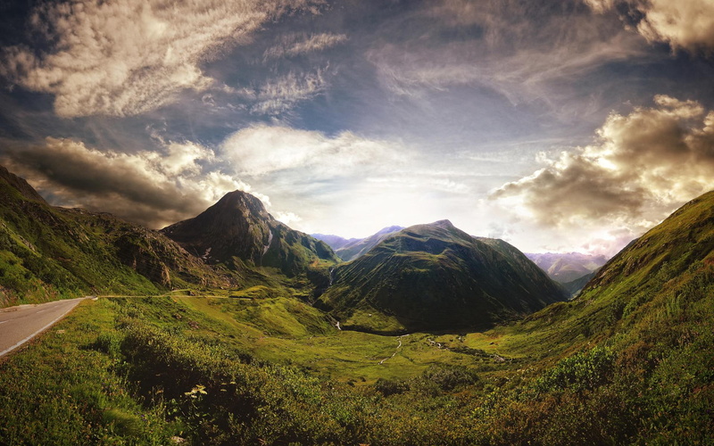 3d and abstract, road, mountains, pass, alpine, 1080P, clouds, nature, furka