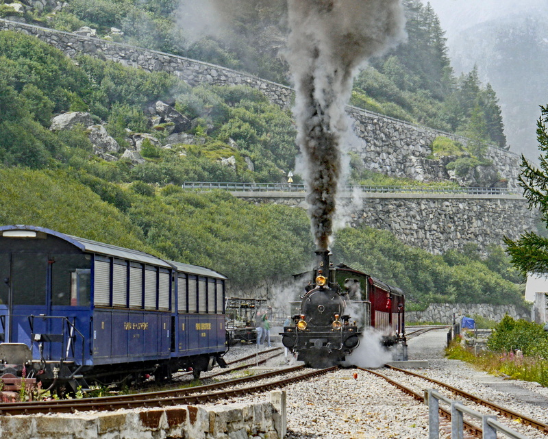 full steam, transportation, track, motion, outdoors, railway line, railroad track, no people, plant, dfb, train, nature, slope, exit at gletsch, travel