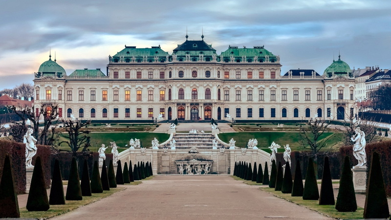 architecture, direction, nature, the past, building, mansion, built structure, history, treelined, upper belvedere palace, the way forward, cloud - sky