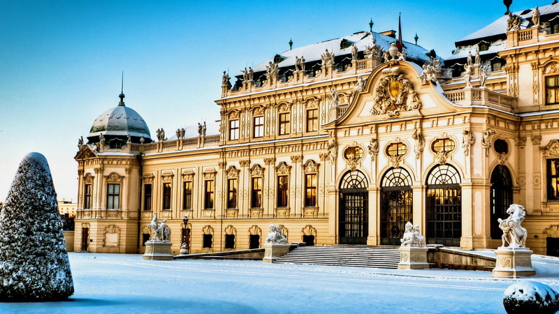 1080P, building exterior, austria, snow, belvedere, built structure, tourism, sky, day, outdoors, sculpture, vienna, architectural column, the past, history