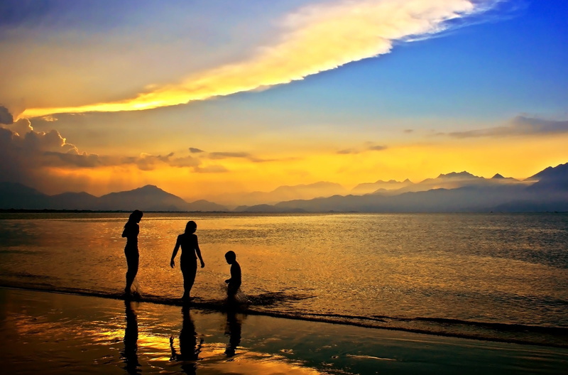walking, vacations, danang city, positive emotion, silhouette, orange color, women, togetherness, da nang bay, cloud - sky, person, land, central vietnam