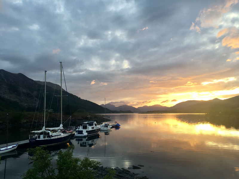 luxury, mountain, sunset, mast, yacht, bay, pole, reflection, glencoe, moored, sea, mountain range, nautical vessel, sky, tranquil scene, outdoors, 4K