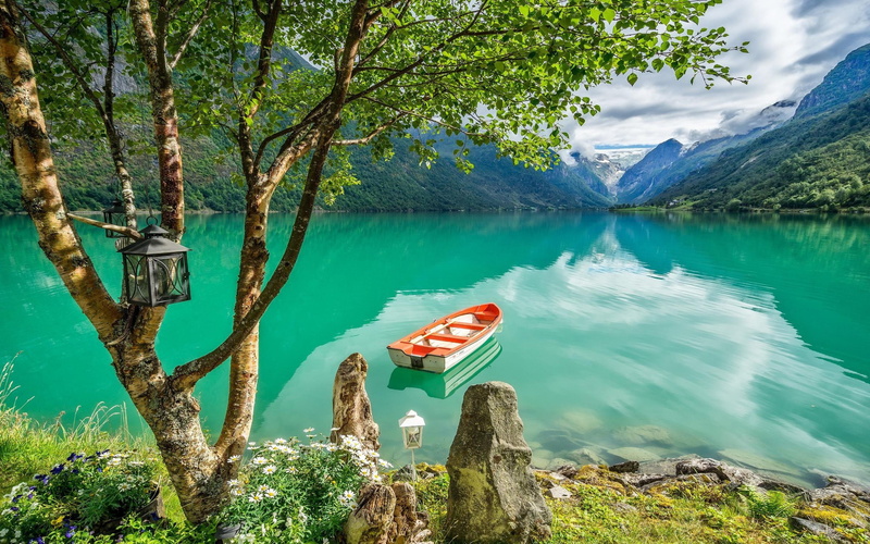 oldden, landscape, hd, computer, coast, lantern, 4K, boat, water, norway, lake, tree, turquoise, desktop, olden, fjord, green