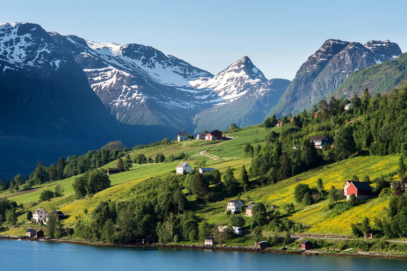 Norway, nature, coast, 4K, cities, olden, houses, Mountains, scenery, grasslands