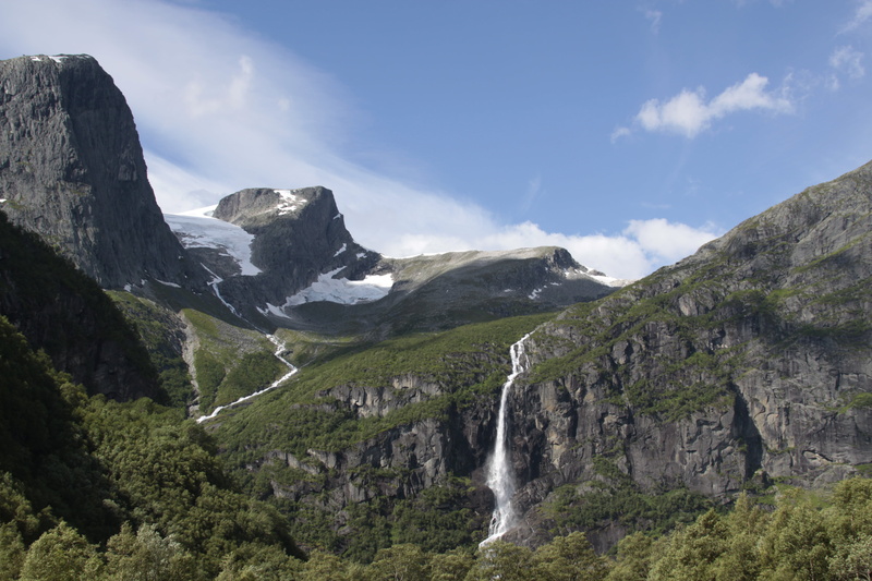 blue sky, breen, green, mountain, outdoors, chute, scenics, blue, eau, sky, green mountain, 4K, one, gray, Olden, landscape, Norway, summer, nature, waterfalls