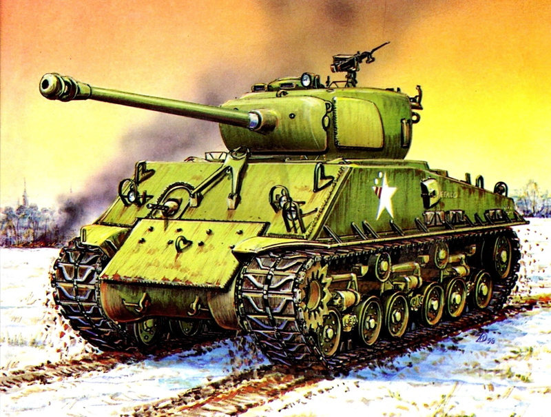 average, WW2, snow, American, with a long-barreled 76, art, field, figure, 2 mm cannon, 1080P, tank, М4АЗЕ8, andquot;Shermanandquot;, winter