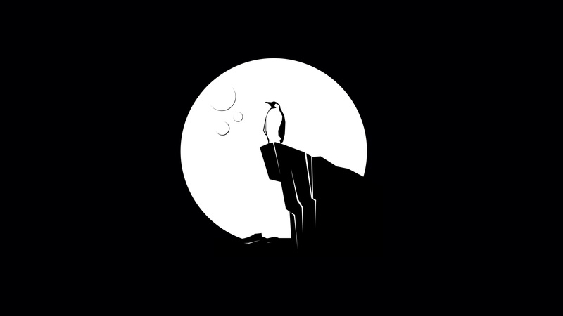 simple background, black background, minimalism, shilouette, artwork, 4K, digital art, Penguin, moon, cliff